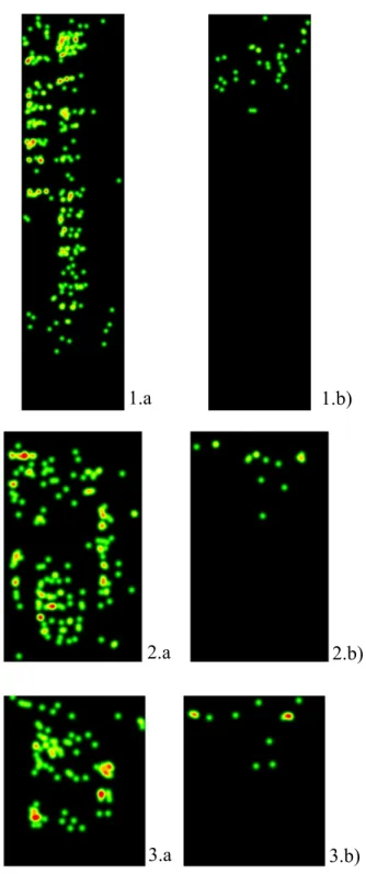Figure 3.3. 1.a) visual patterns of one subject while exploring in Expresso; 1.b ) visual patterns of  one subject while performing a task in Expresso; 2.a) visual patterns of one subject while exploring  in Miau; 2.b) visual patterns of one subject while 