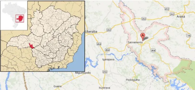 Figura 1  - Localização da cidade de Sacramento no Estado de Minas Gerais. Fonte: Google Maps