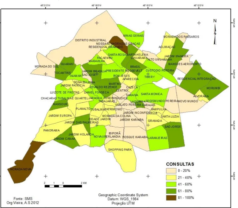 Figura 10 - Mapa da Distribuição das mães adolescentes com menos de sete  consultas pré-natais, em Uberlândia  –  MG, de 2008 a 2010