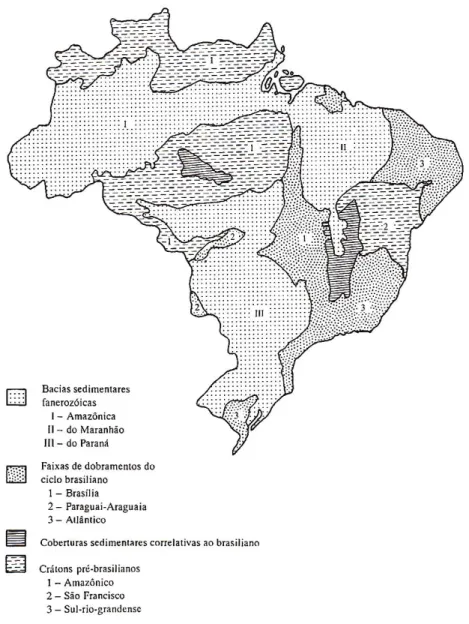 Fig. 02 - As grandes estruturas do território brasileiro. Fonte: Adaptado de Schobbenhaus, 1984  (apud Ross, 2003:47) 