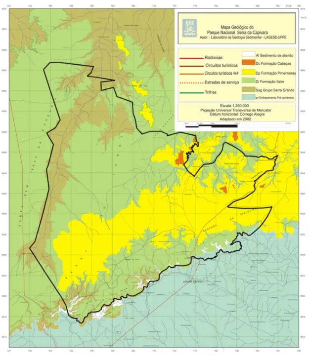 Fig. 07 – Mapa geológico do Parque Nacional Serra da Capivara. Fonte: LAGESE, 2002 –  Fonte: Arquivo FUMDHAM 