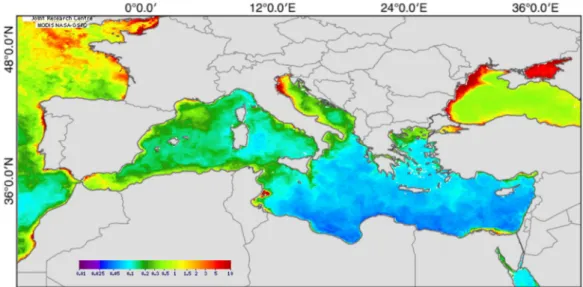 Figure 1.4 Surface chlorophyll-a concentration in the Mediterranean Sea in June 2009, used as a  proxy  of  surface  primary  production,  expressed  as  mg.m -3 