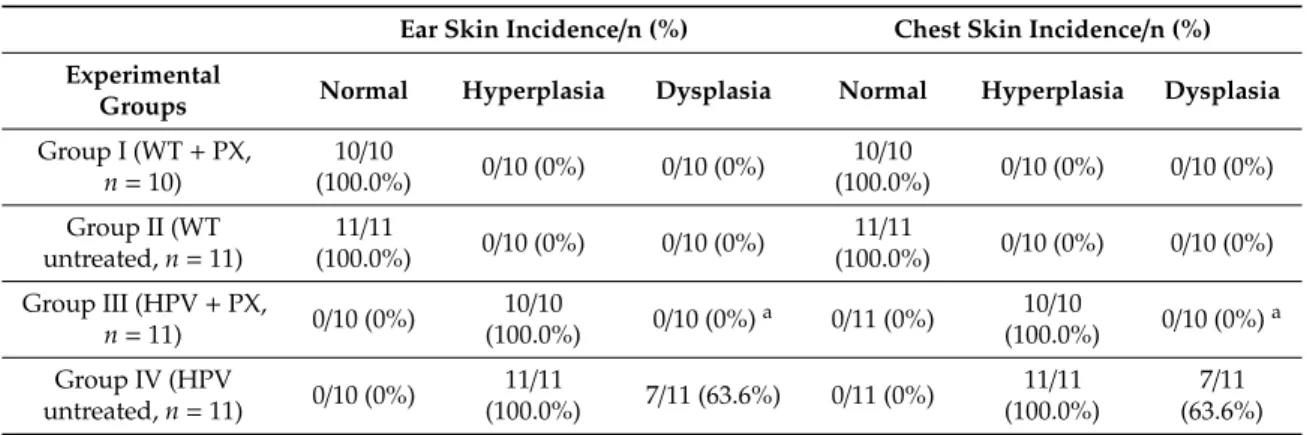 Table 2. Incidence of skin lesions in each experimental group.