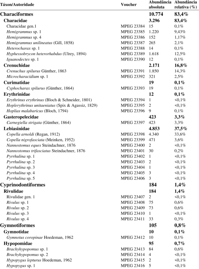 Tabela 2. Espécies de peixes coligidas em 34 trechos de igarapés afogados amostrados  durante  a  seca  de  2010  no  Baixo  Anapu,  PA,  com  o  número  de  tombo  (voucher)  e  abundâncias absoluta e relativa (táxons listados em ordem alfabética)