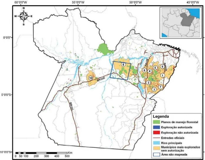 Figura  03:  Localização  dos  municípios  com  as  maiores  áreas  exploradas  sem  autorização  no  Estado  do  Pará  entre  agosto/2008  e  julho/2009  (Fonte:  IMAZON