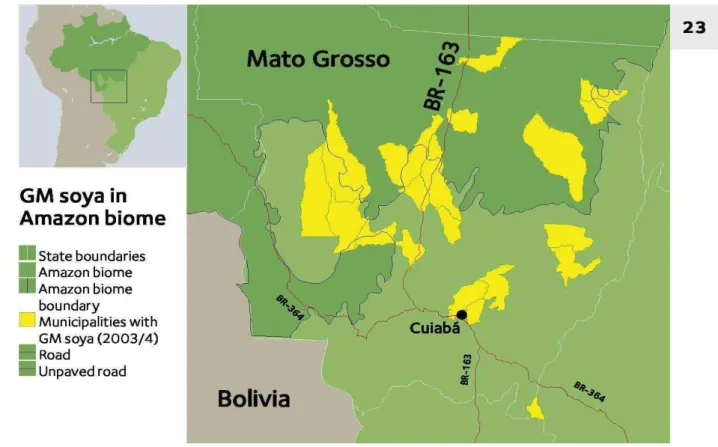 Figura 05: Municípios onde há produção de soja GM (Fonte: GREENPEACE. Eating  up the Amazon