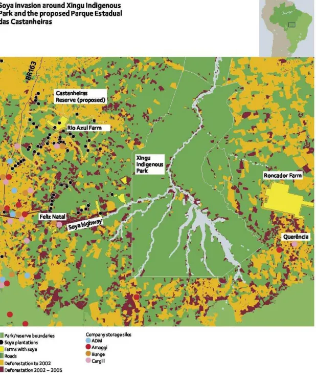 Figura  06:  Invasão  da  soja  no  entorno  do  Parque  Indígena  do  Xingu  e  do  Parque  Estadual das Castanheiras (Fonte: Fonte: GREENPEACE