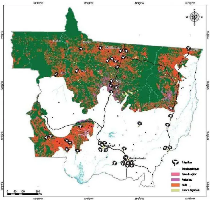 Figura 07: Principais atividades agropecuárias produzidas no Estado do Mato Grosso  e  a  localização  de  frigoríficos  (Fonte:  GREENPEACE