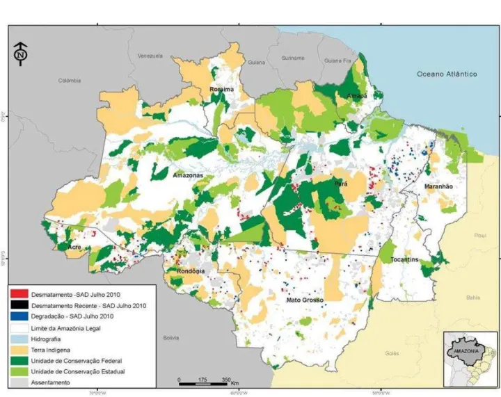 Figura 08: Áreas de desmatamento e degradação ambiental na Amazônia no período  de  julho  de  2010,  com  enfoque  nas  áreas  protegidas  da  região  (Fonte:  HAYASHI,  Sanae;  SOUZA  JR.,  Carlos;  SALES,  Márcio  e  VERÍSSIMO,  Adalberto