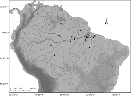 Figura 11 - Distribuição do morfotipo 3 de Corallus hortulanus ao longo da Calha Sul  (em relação aos interflúvios) e Calha Norte do Rio Amazonas, Brasil