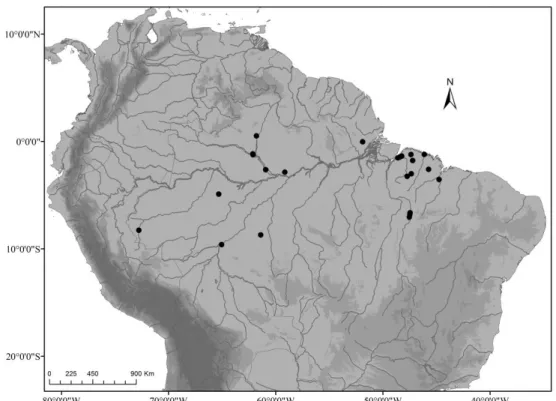 Figura 13 - Distribuição do morfotipo 4 de Corallus hortulanus ao longo da Calha Sul  (em relação aos interflúvios) e Calha Norte do Rio Amazonas, Brasil