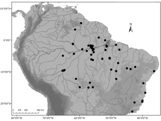 Figura 1 - Mapa de distribuição dos indivíduos de Corallus hortulanus amostrados no  Brasil e Guiana
