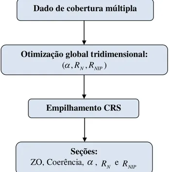 Figura 2.11: Fluxograma do algoritmo de empilhamento CRS que usa uma única etapa para a busca global  dos três parâmetros CRS