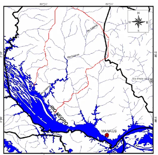 Figura  2.1:  Bacia  do  rio  Cuieiras  e  rede  de  drenagem  associada,  localização  em  relação  à  Manaus