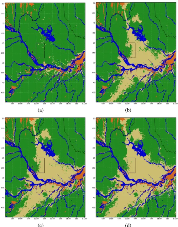 Figura 2.9: Padrão espacial da evolução do desmatamento na área de estudo (retângulo preto)  Bacia do Rio Cuieiras, referentes às  frações de cobertura de floresta de: 100% (a), 50%(b),  30% (c) e 10% (d)