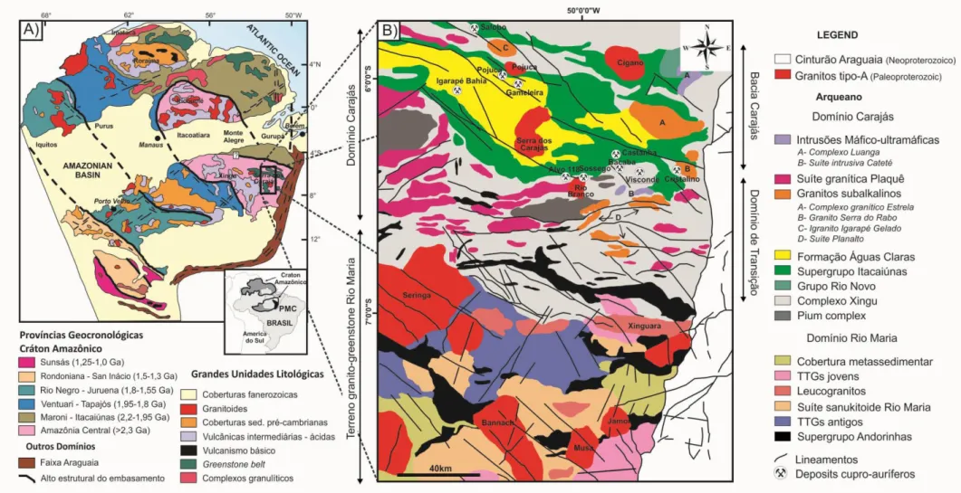 Figura 2- A) Cráton Amazônico, segundo Tassinari &amp; Macambira (2004); B) Província Mineral de Carajás (modificado de DOCEGEO 1988,  Gomes &amp; Dall’Agnol 2007, Feio et al., 2012)