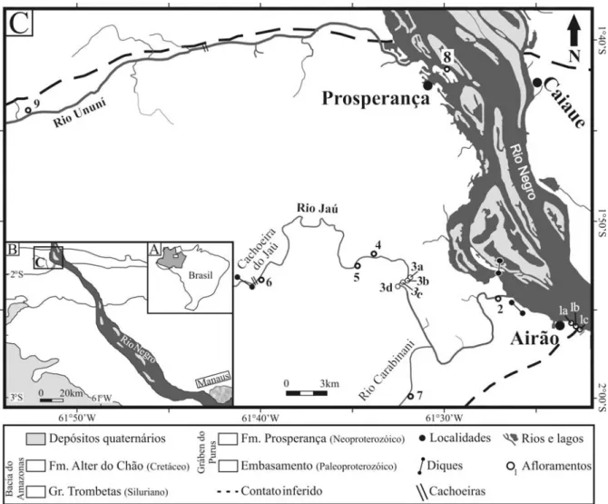 Figura 1. Geologia e localização da região do baixo rio Negro. A) Disposição geográfica da área  investigada