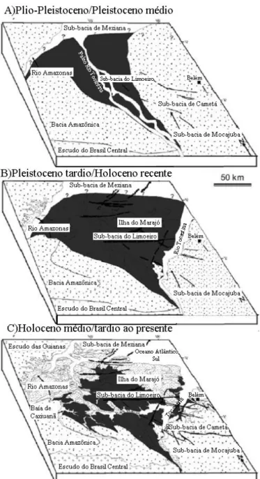Figura 3. Diagramas ilustrando a evolução hipotética da região de drena Amazonas do Plio-Pleistoceno ao Presente
