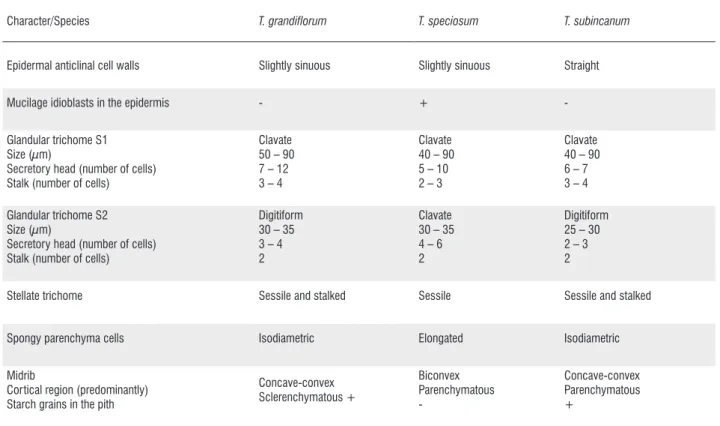 Table 1. Anatomical characters of leaf blade of T. grandiflorum, T. speciosum and T. subincanum