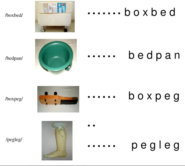 Figura 4. Palavras compostas ditadas (A), objetos (B) e palavras impressas em braille (C)  e do alfabeto romano em relevo (D)