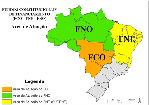 Figura 2. 2 - Mapa com a área de atuação dos Fundos Constitucionais de Financiamento  (FCO, FNE e FNO) 