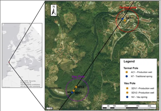 Figure 1. Location of the São Pedro do Sul Hydromineral and Geothermal Field: Termas and Vau  poles