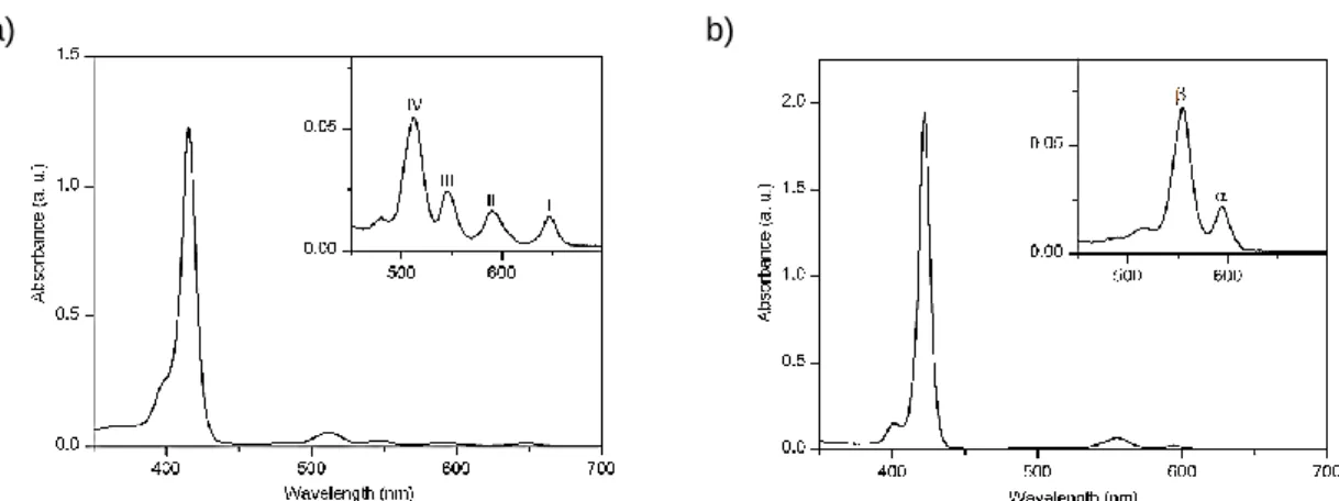 Figure 1.7. Typical UV–vis absorption spectra for (a) a free-base Por and (b) a Por–metal  complex