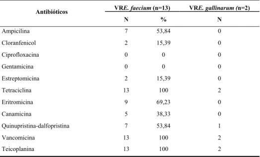 Tabela 7 - Percentagens de resistência apresentadas pelos isolados VRE a cada antibiótico testado