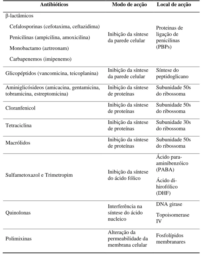 Tabela  1:  Antibióticos,  mecanismos  de  acção  e  locais  de  actuação  (adaptado  de  Fuchs  et  al.,  1994; 