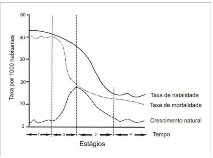 Figura 1 – Modelo de transição demográfica  Fonte: Adaptado de Bradford e Kent (1987, p