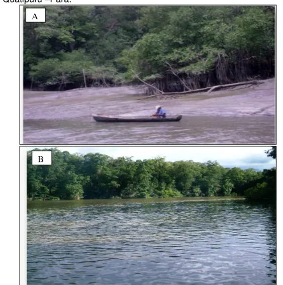 Figura 2  –  Detalhe dos momentos de maré vazante (A) e enchente (B) no estuário  do rio Quatipuru  – Pará