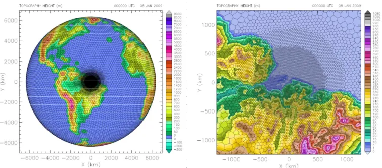 Figure 1 – OLAM hexagonal grid structure and topography (m) for (a) global domain and (b) eastern Amazon domain.
