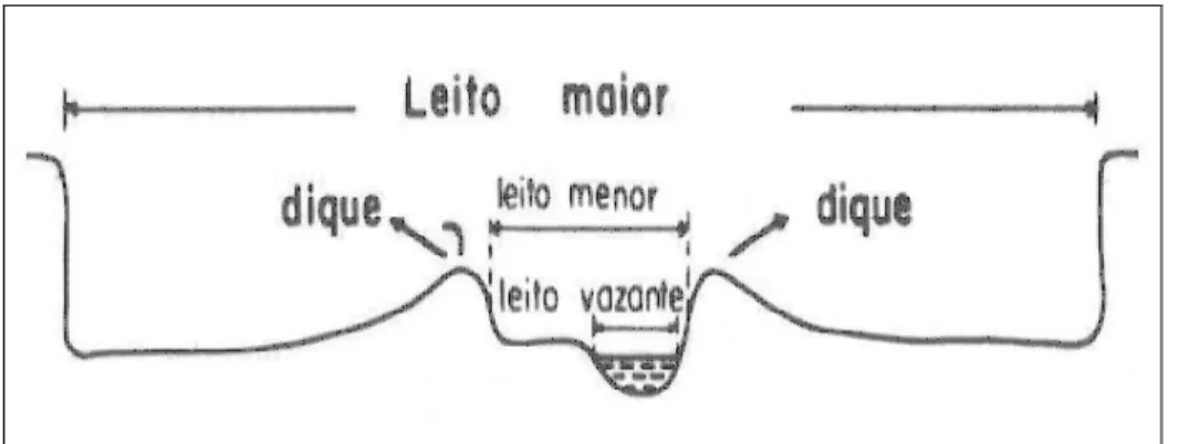 Figura  3:  Tipos  de  leitos  fluviais,  notando-se  a  distinção  entre  o  leito  de  vazante,  o  menor  e  o  maior  (CHRISTOFOLETTI, 1980)