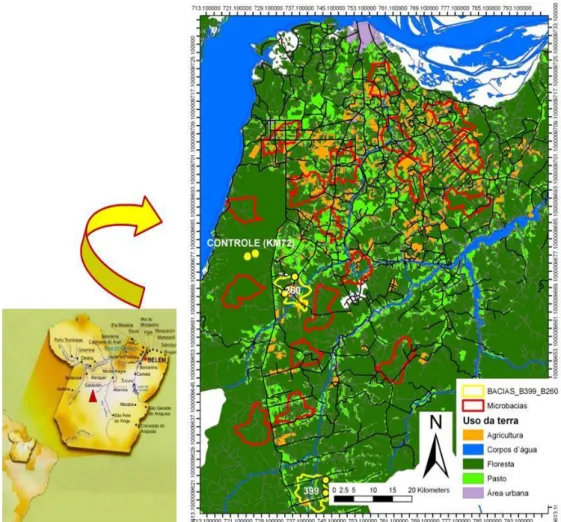 Figura 1  - Mapa da área de estudo, região de Santarém, estado do Pará, com as microbacias do Projeto  Sustentabilidade dos usos da terra na Amazônia.