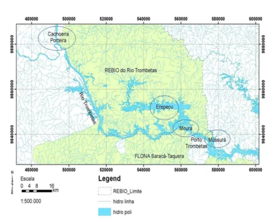Figura 1: Mapa de localização das quatro comunidades quilombolas: Cachoeira Porteira, Lago  do  Erepecú,  Lago  do  Moura  e  Lago  do  Mussurá,  pertencentes  a  Reserva  Biológica  do  Rio  Trombetas