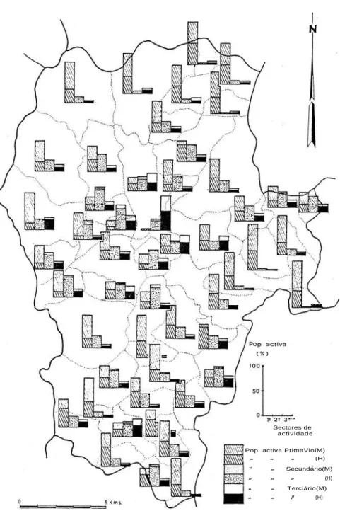 Fig. 6 — Estrutura da população activa por sector de actividade nas freguesias do concelho de Ponte de lima em 1891.