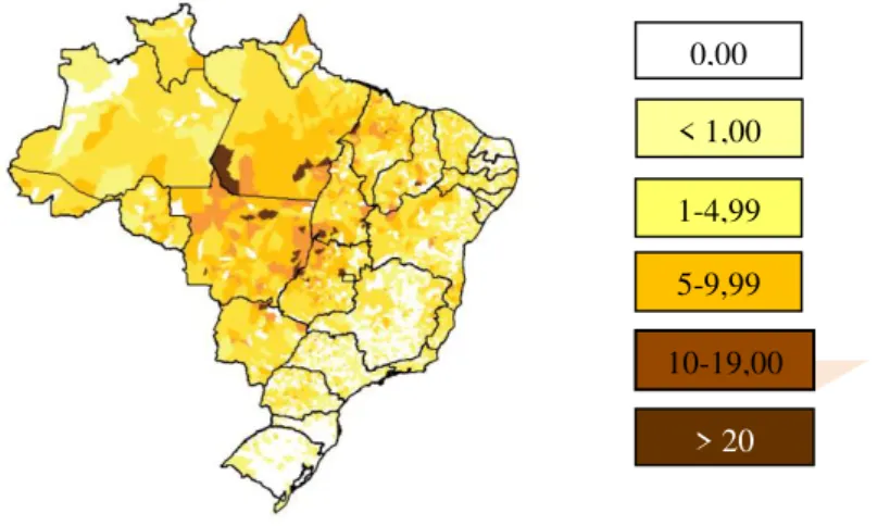 Figura 1  -  Taxa de prevalência de hanseníase no Brasil, por 10 mil habitantes, em 2010