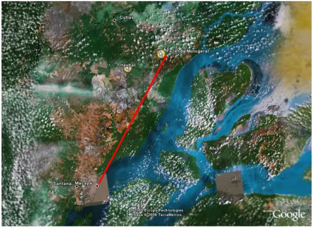 Figura 1: imagem de satélite mostrando o município de Cutias, o município de Itaubal, a fazenda  motogeral e a distancia para capital Macapá