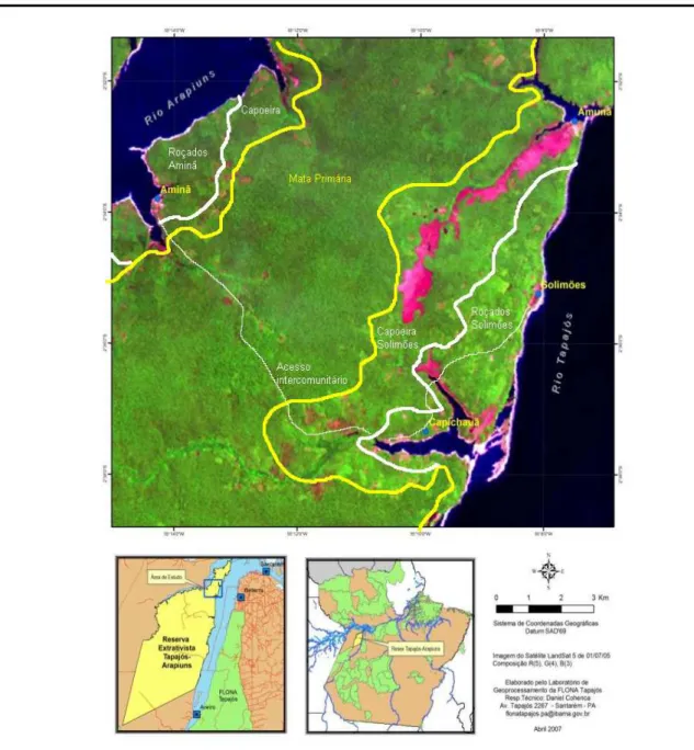 Figura 1: Mapa da RESEX Tapajós/Arapiuns: Superior, em detalhe, a Comunidade Solimões à beira  do rio Tapajós e no rio Arapiuns situa a Comunidade Aminã