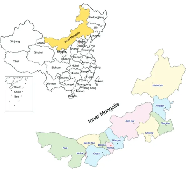 Figure 1 - Map of China (upper portion) and Inner Mongolia (lower portion), showing the area from where patients were recruited.