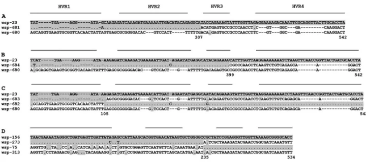 Figure 2 - Putative recombination detected among Wolbachia wsp alleles infecting species of Anastrepha and associated parasitoid braconid wasps