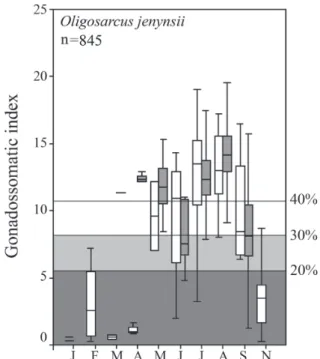 Fig. 4. Monthly variation of Hoplias malabaricus GSI values  (adult females only) in Guaíba Lake (white) and Casamento  Lake (dark gray), Rio Grande do Sul, Brazil (median, 25-75% 