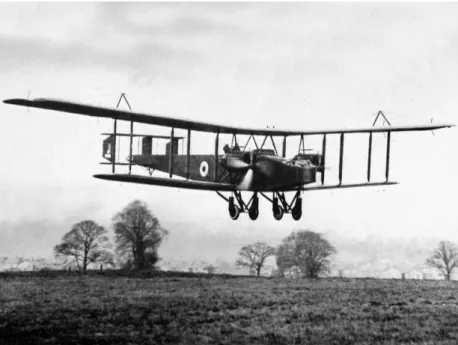 Figura 2.4  –  Bomber Handley Page O/400. (Fonte: Site Tangmere Museum, 2017 3 )  O primeiro estudo de flutter de uma aeronave registrado e documentado ocorreu  em 1916