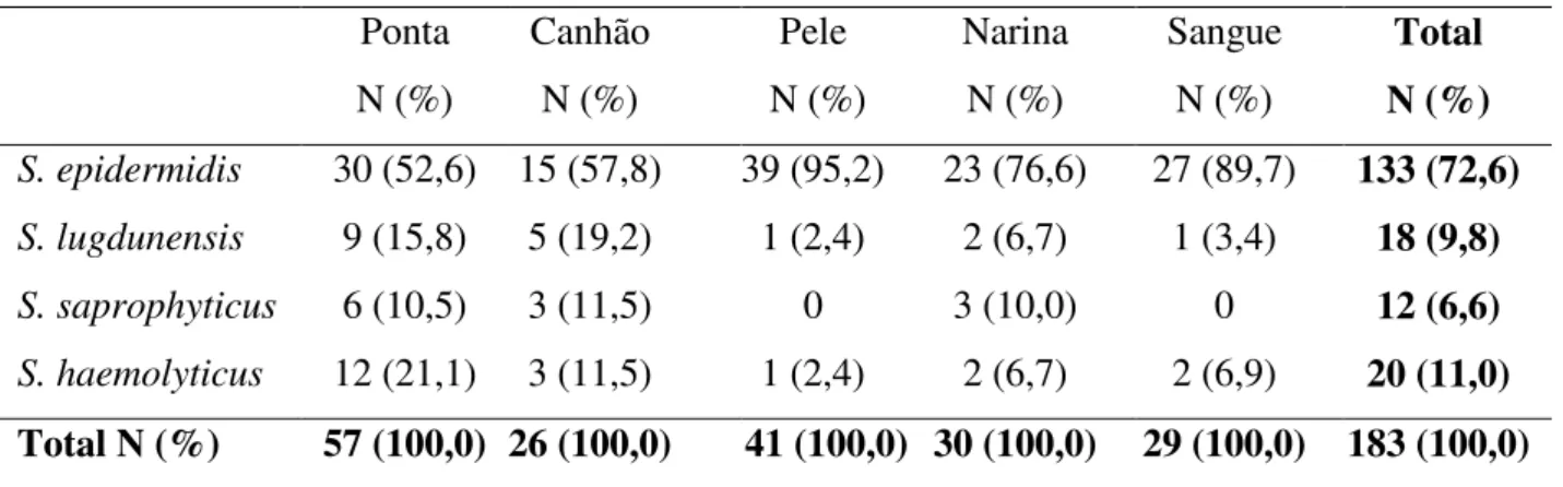 Tabela 8- Espécies  de Staphylococcus coagulase  negativa  isoladas  de  sangue,  pele, narina,  canhão  e  ponta  de  cateter  vascular  central  isolados  de  neonatos  críticos,  no período de Abril/2006 – Abril/2008