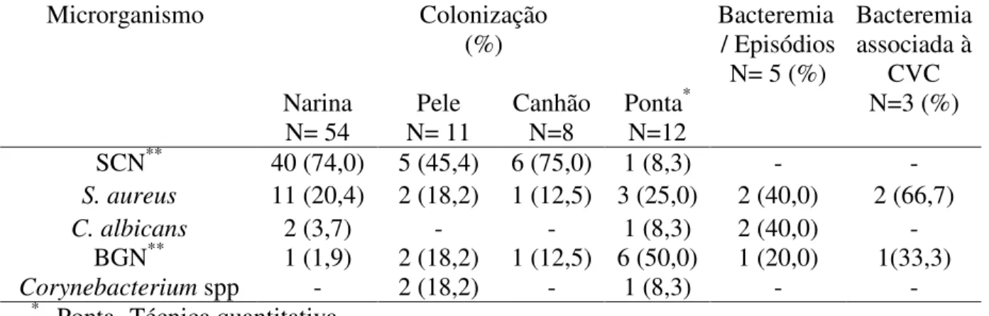 Tabela 3- Freqüência de colonização da mucosa nasal, pele, canhão e ponta do cateter vascular central e bacteremia em 80 pacientes internados na Clínica de Cirurgia Gastrointestinal no HC-UFU, no período de Outubro/2004- Dezembro/ 2005.