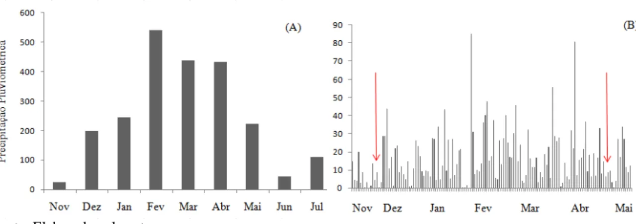 Figura  5-  Precipitação  pluviométrica  acumulada  (A)  e  diária  (B)  na  área  de  estudo