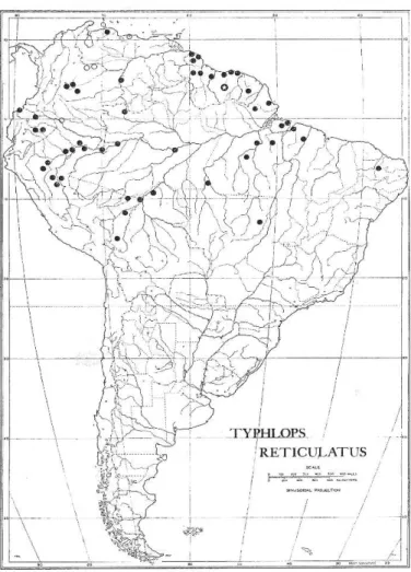 Figura 3: Distribuição geográfica de Typhlops reticulatus segundo Dixon &amp; Hendricks  (1979)