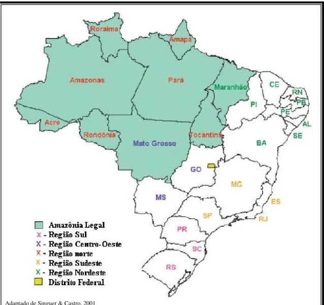 FIGURA 1 – MAPA DO BRASIL E SUAS REGIÕES IDENTIFICANDO OS NOVE  ESTADOS COMPONENTES DA AMAZÔNIA LEGAL