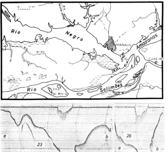 Figura 2.19: Perfil ecobatimétrico revelando depressão, em forma de canyon,  com quase 100 m, no baixo rio Negro SIOLI, (1991)