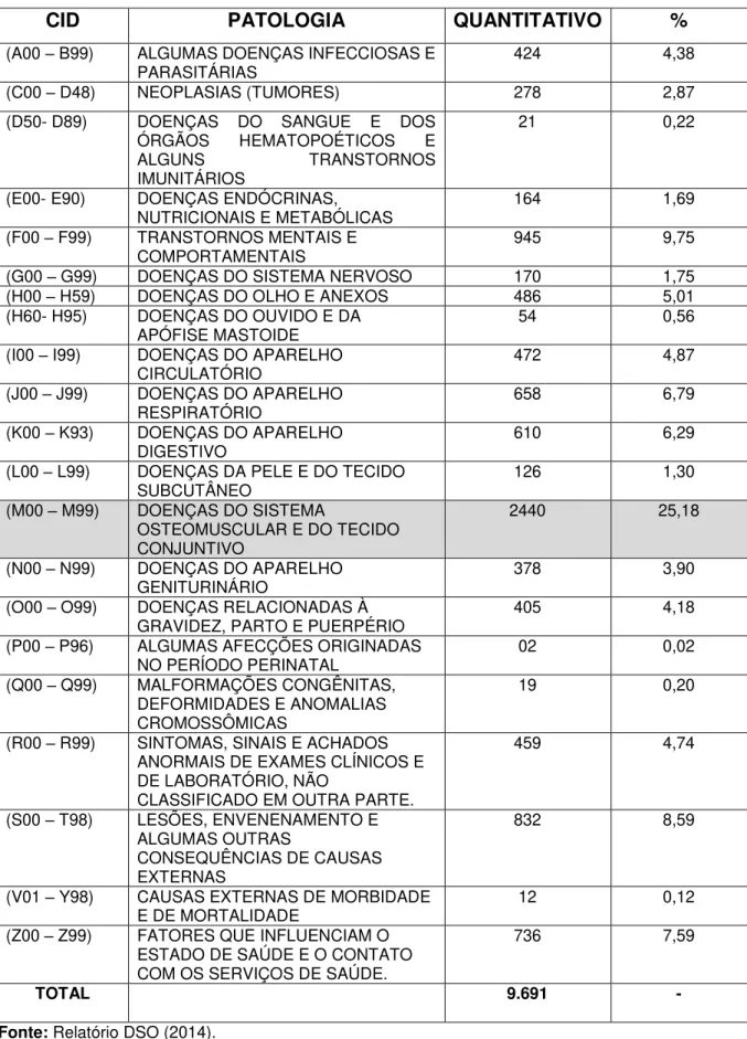 TABELA  8  -  Apresentação  do  quantitativo  dos  CID’s /patologias  identificadas  nas  perícias médicas realizadas no estado do Pará, no período de Janeiro a Dezembro de  2014